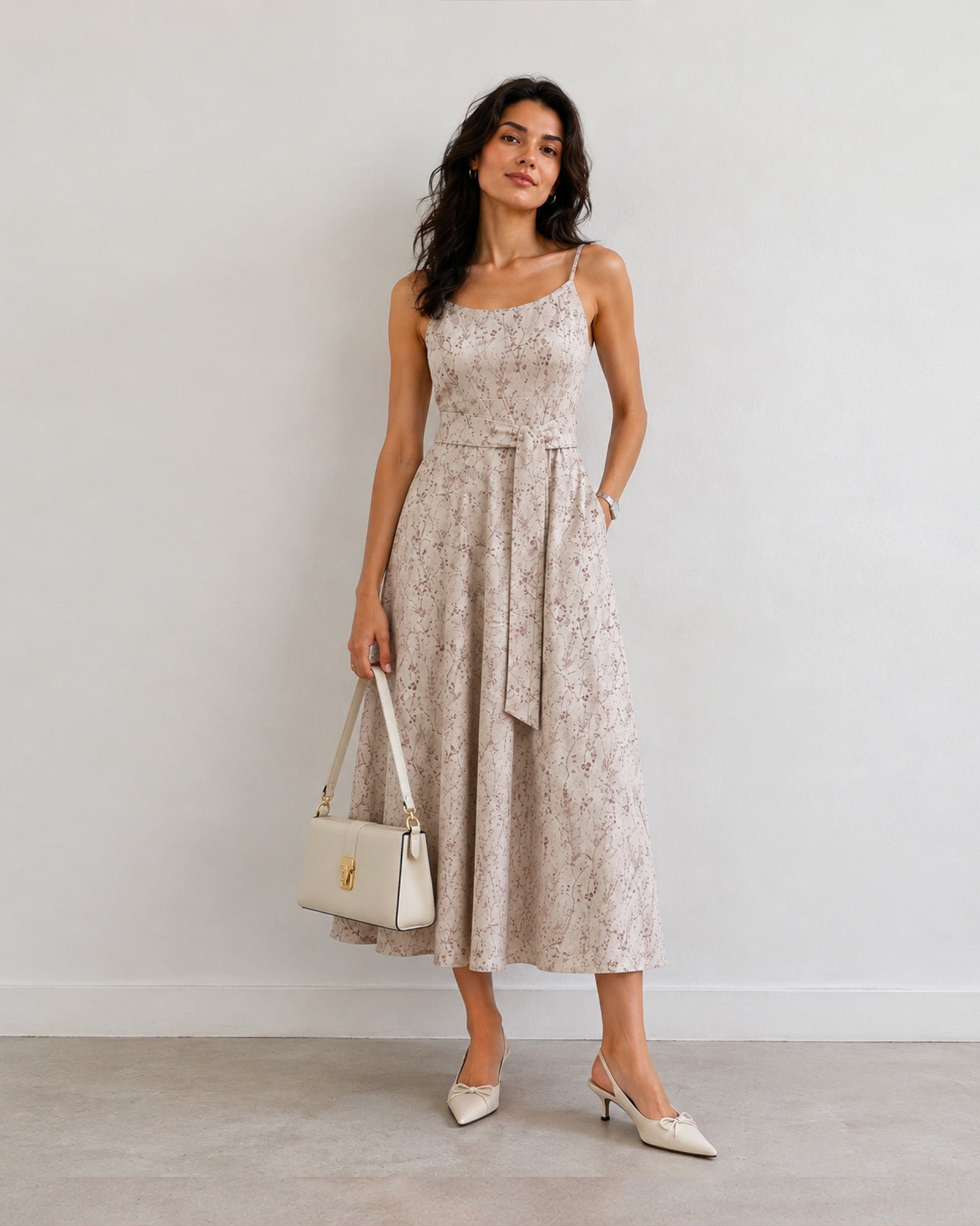 Gazillion Hiva beige printed cotton midi dress for women, full-length front view
