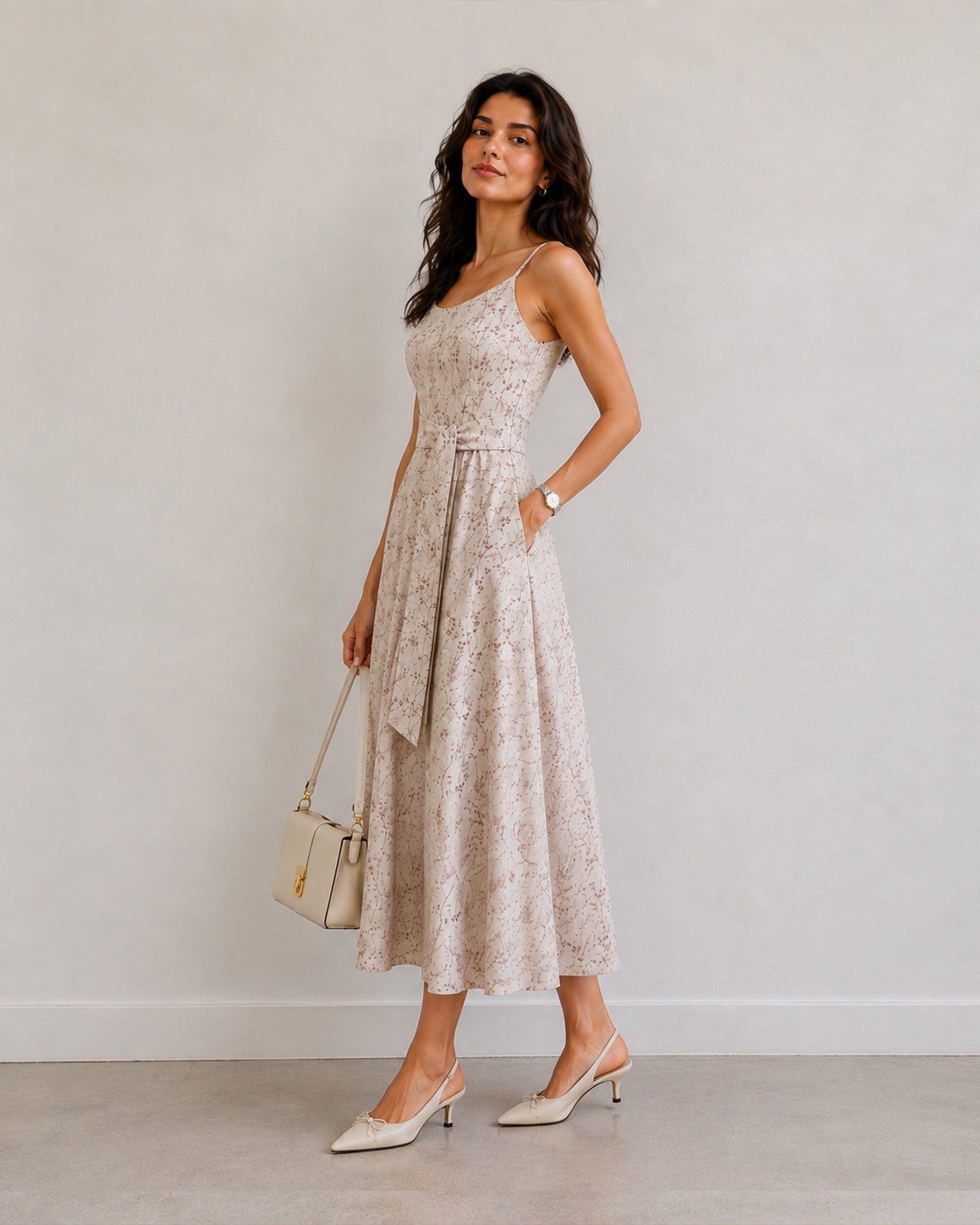 Hiva beige printed cotton dress with cotton voile lining and side pockets