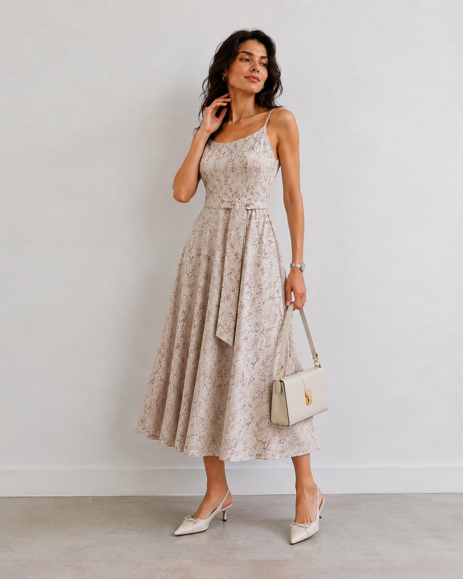 Hiva beige all-over floral print cotton dress with fitted bodice and flared skirt