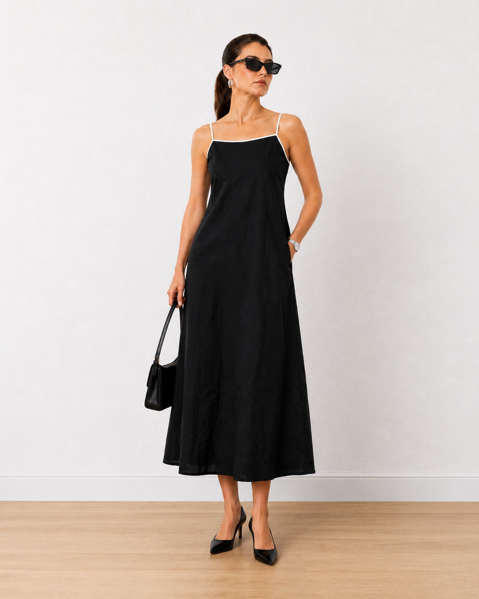 Gazillion Holiday black linen noodle strap maxi dress for women, front view