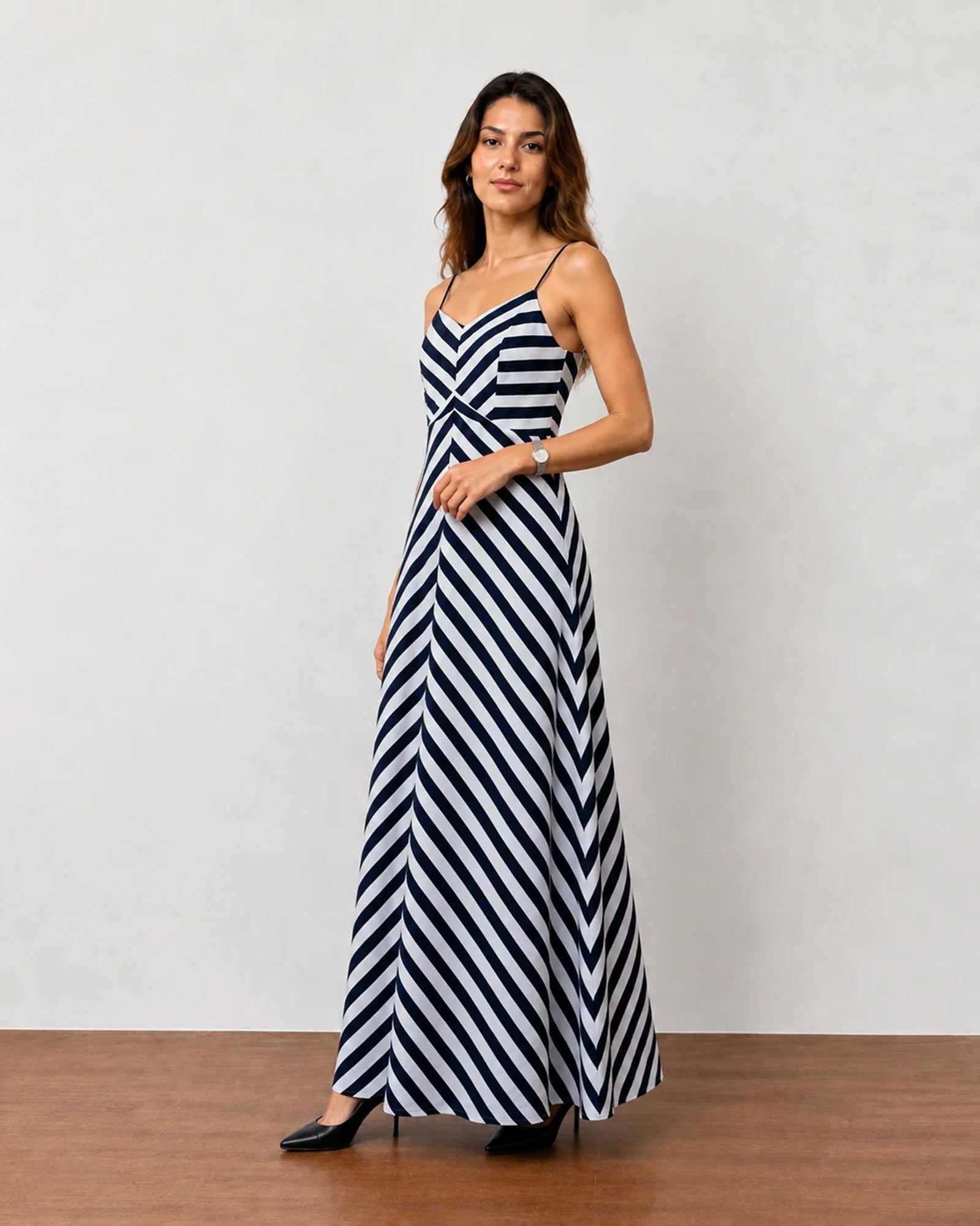 Hope black and white diagonal stripe cotton maxi dress, angled view with A-line skirt
