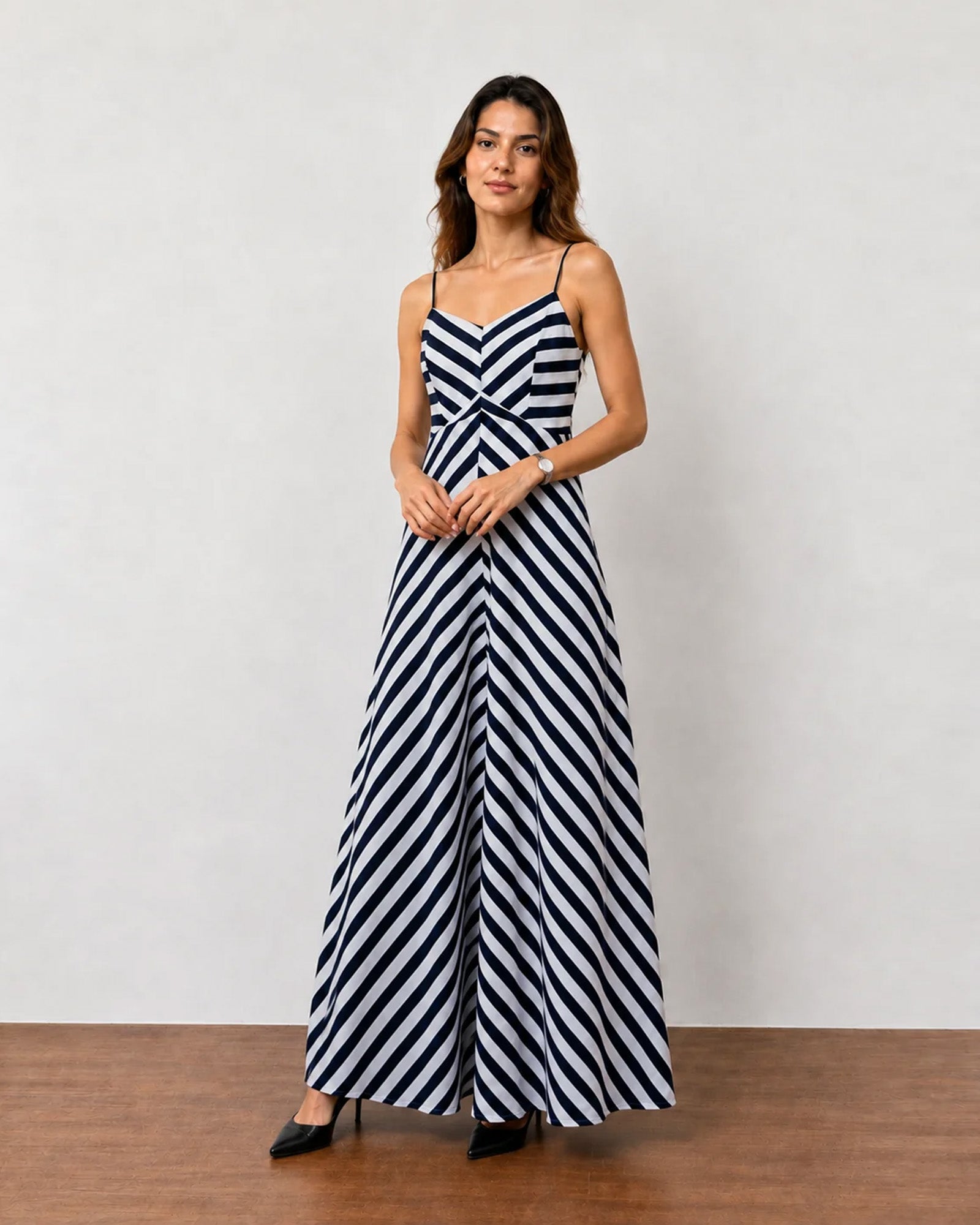 Hope black and white striped 100% cotton maxi dress with V-neck and adjustable spaghetti straps