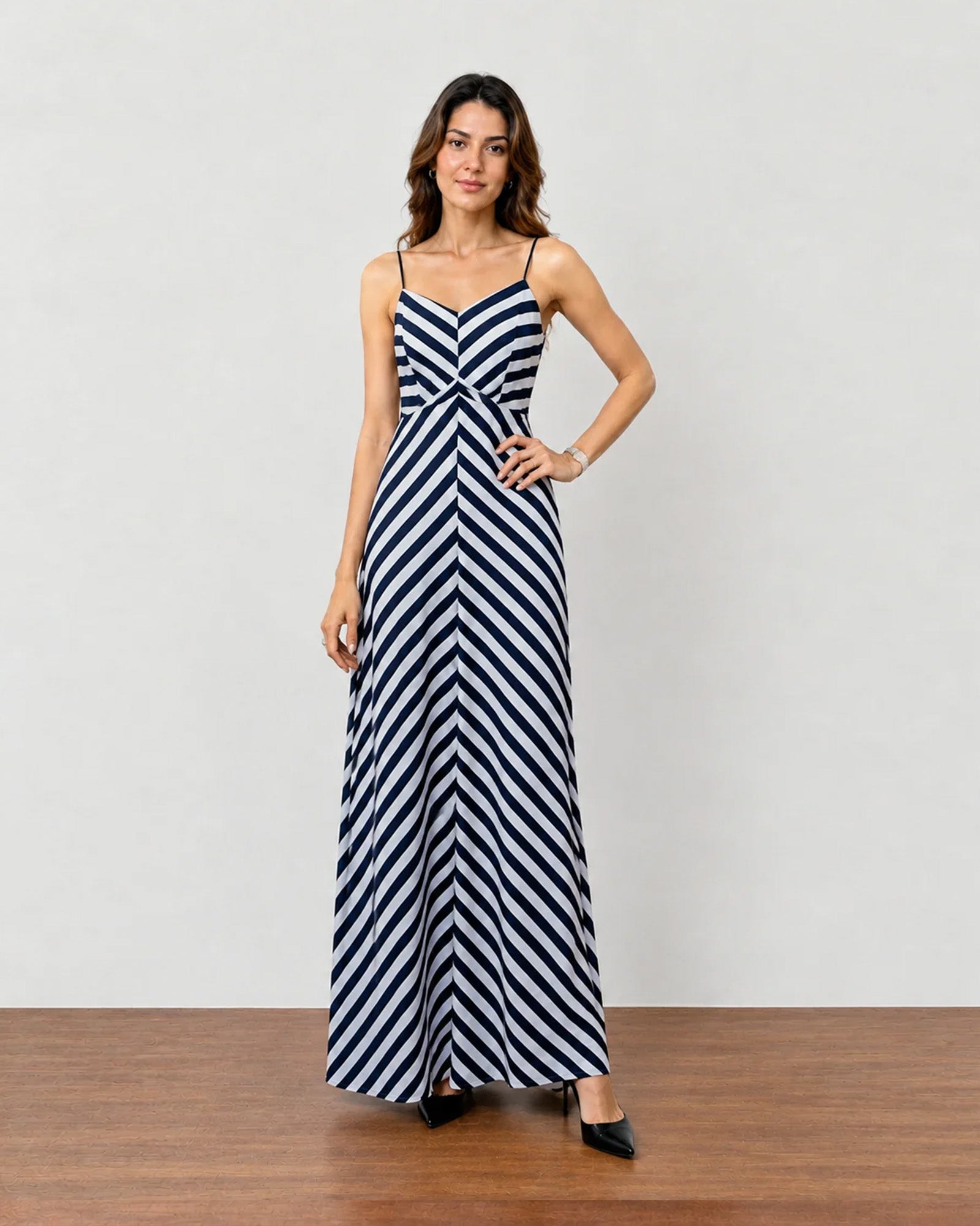 Hope black and white striped cotton maxi dress with full cambric lining, waist detail