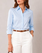 That sky blue cotton stretch shirt, waist-up view