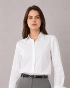 Close-up of That white formal shirt structured collar and concealed front placket